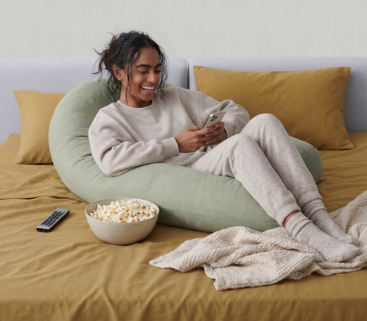 woman looking at her phone laughing